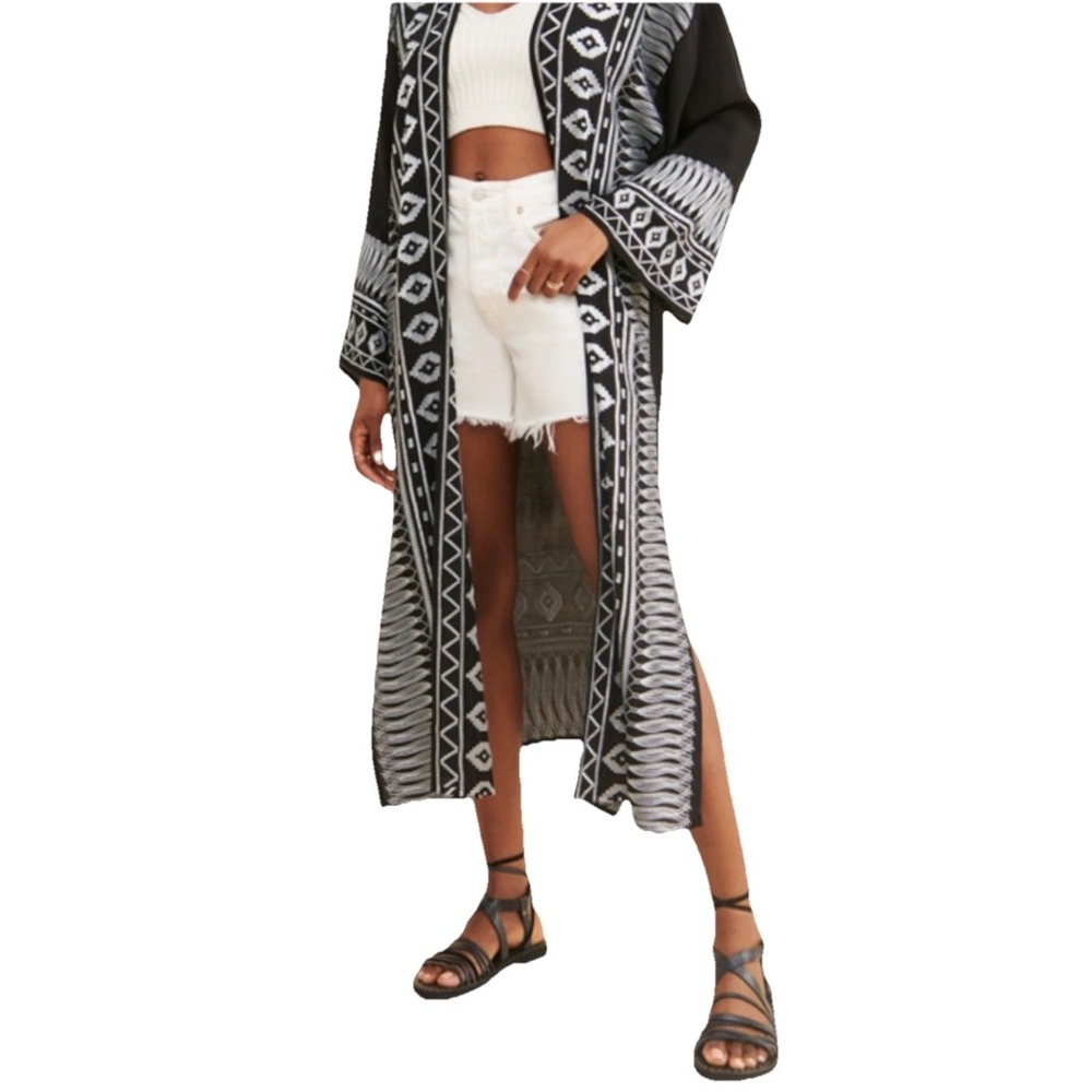OLLARI ANTHROPOLOGIE BLACK EMBROIDERED OPEN FRONT DUSTER KIMONO TOP SZ SP‎